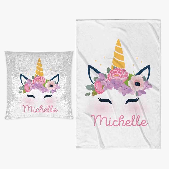 Personalized Unicorn Flip Sequin Pillowcase and Kids Blanket Set for wholesale by Monogramonline Inc.