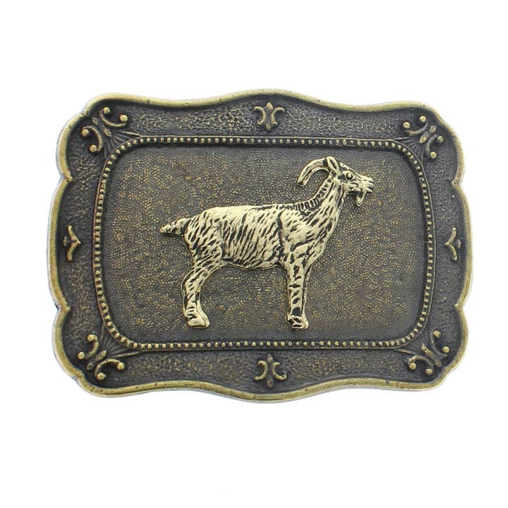 HHH Designs – wholesale Belt buckle – Unisex – Goat bolo, 3.25" antique Gold