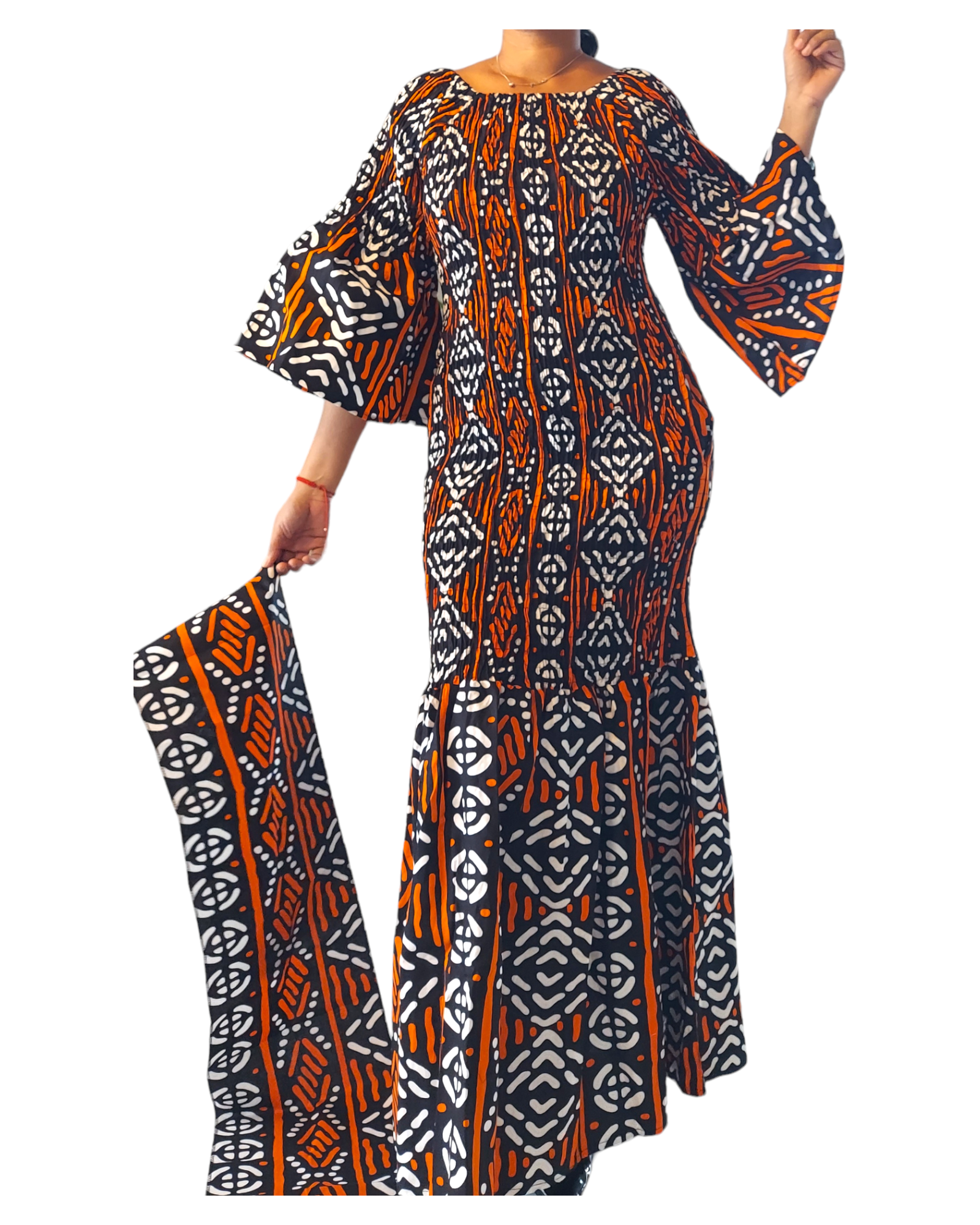 India Batik – Großhandel Kleid – Damen – 9008 Kittelkleid im Meerjungfrauen-Stil mit Tribal-Print1