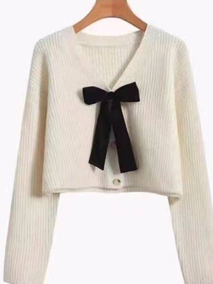 Miss Sparkling - Wholesale Cardigan - Women's - Bow Tie V-Neck Cropped Cardigan