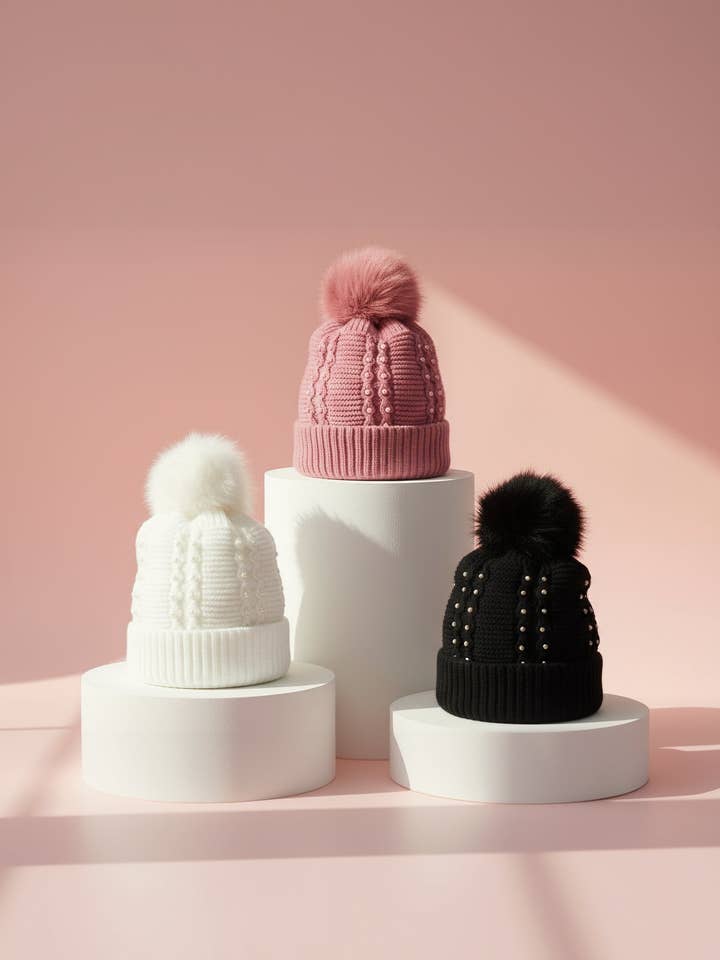 Pearl Knitted Fluffy Bobble Hats Pack of 12 for wholesale by Arya Jewellery Wholesale