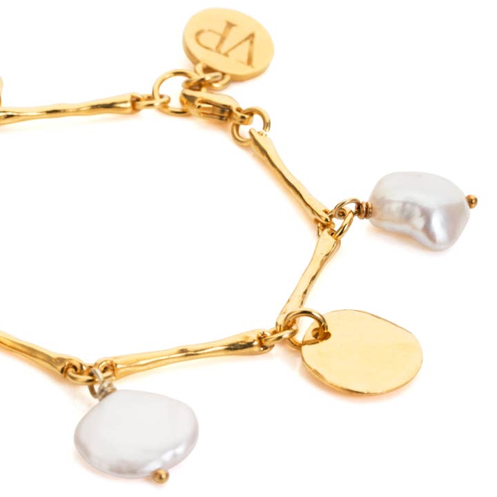 River Stone Yellow Gold Disc & Pearl Bone Bracelet for wholesale by Van Peterson Designs