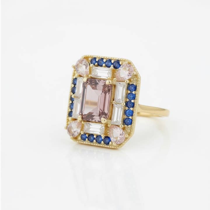 Vivian Grace Jewelry - Wholesale Cocktail/Statement Ring - Sapphire Morganite Art Deco Cocktail Ring- Lab Created Gemstones2