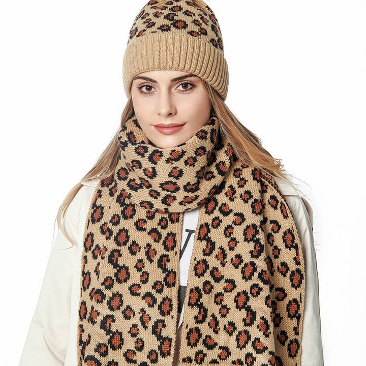 Ole - Wholesale Beanie - Women's - Animal Pattern Scarf Beanie Set C02373