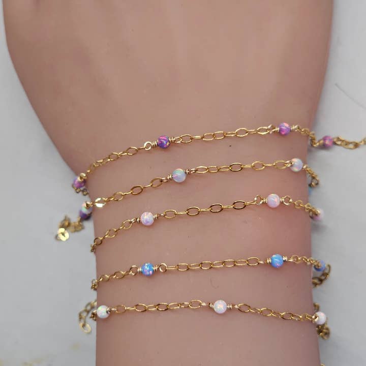Opal beaded chain by the foot, Gold filled/Sterling silver for wholesale by Half Moon Jewelry Designs