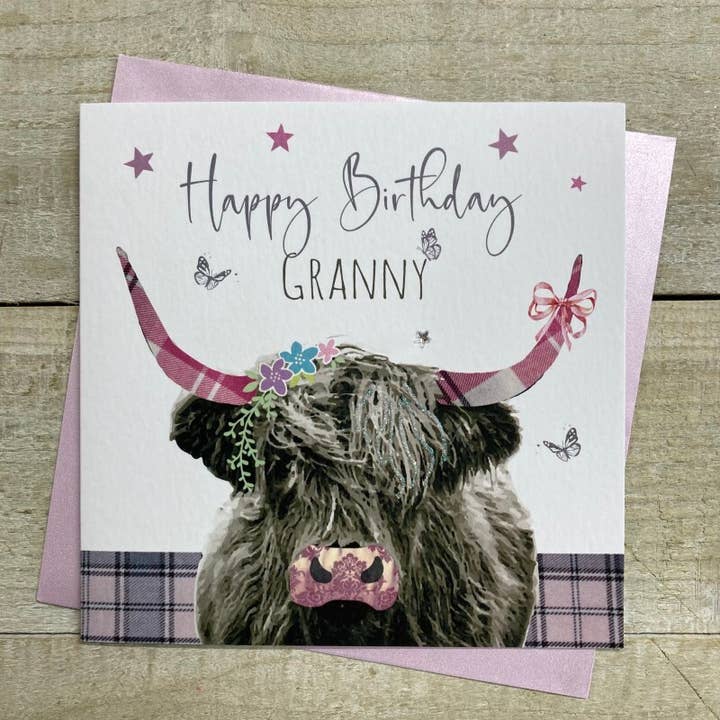 Mamie - Carte Vache des Highlands Rose (S381-Gy) pour la vente par White Cotton Cards