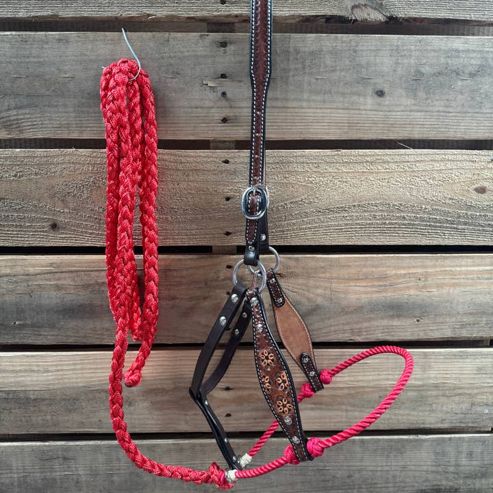 Red Flower Power Tooled Lariat & Leather Combo Halter for wholesale by Rodeo Drive
