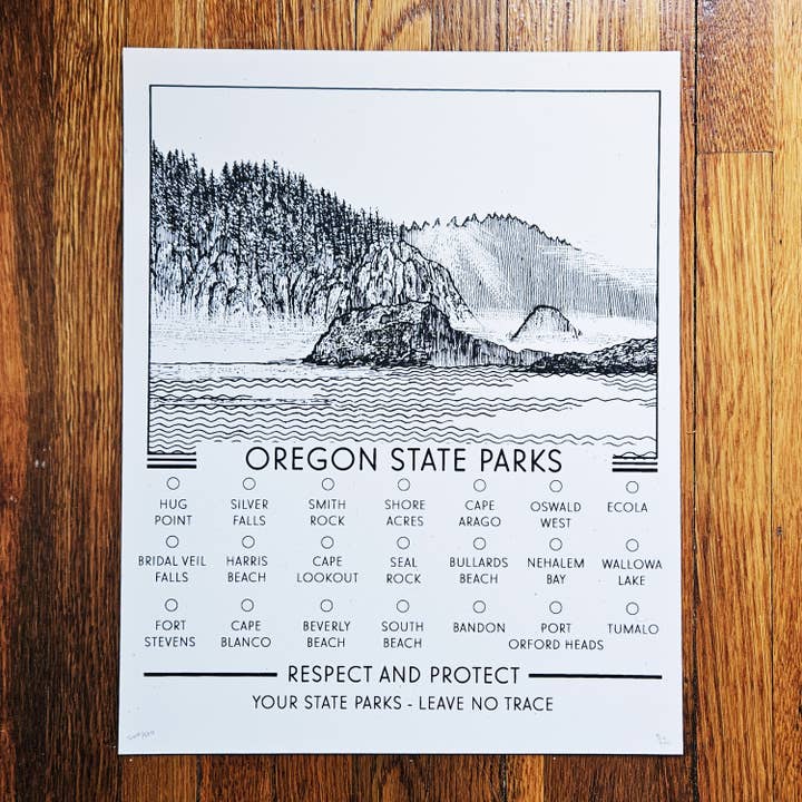 Oregon State Parks - Hand-pulled & Illustrated Screen Print for wholesale by BC Print Media