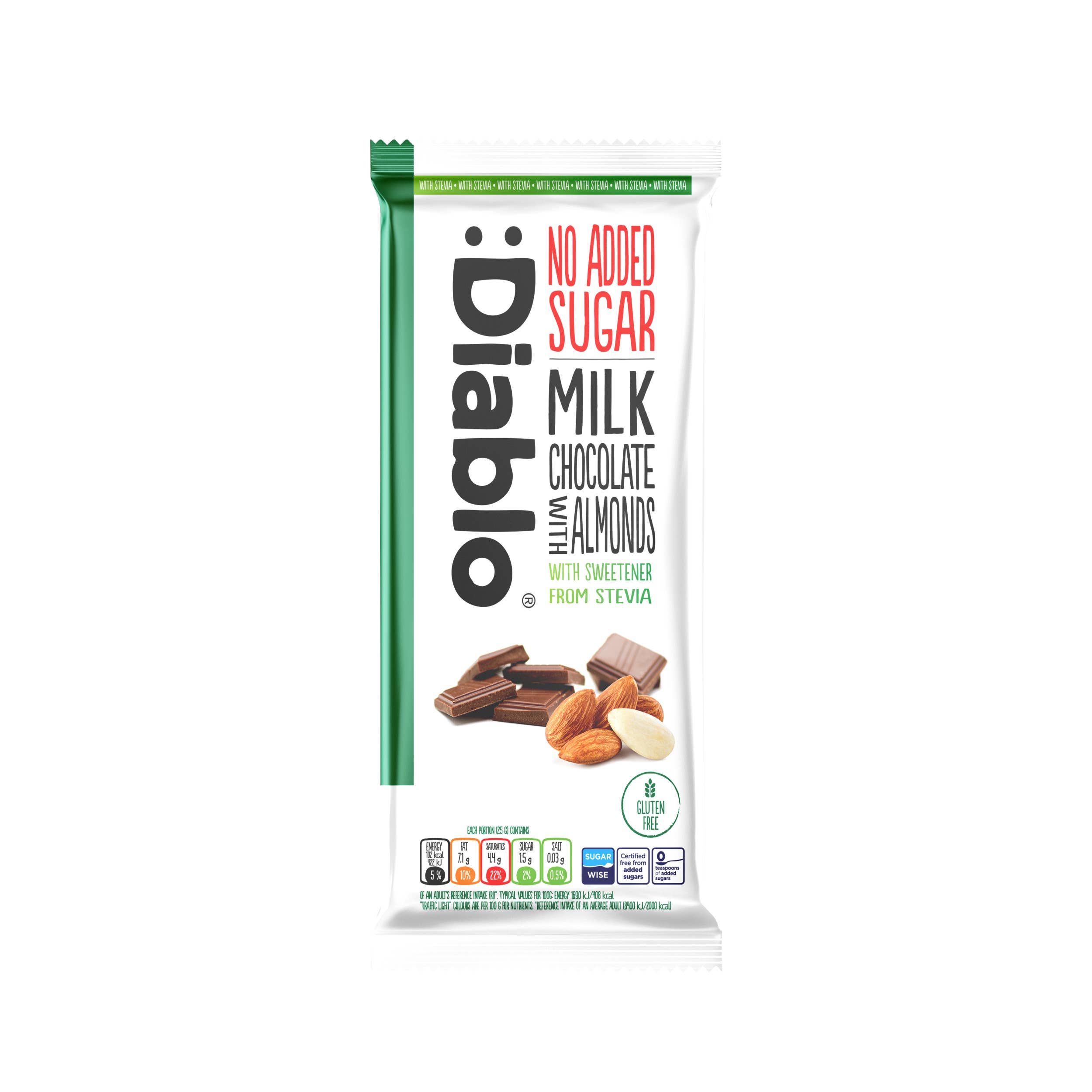 Diablo Sugar Free – Barra de chocolate por atacado – Chocolate ao leite com amêndoas e estévia Diablo 75 g