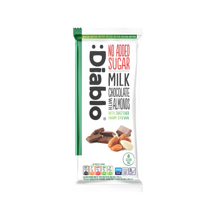 Diablo Sugar Free - Vendita all'ingrosso Barretta di cioccolato - :Diablo Stevia Cioccolato al Latte con Mandorle 75g