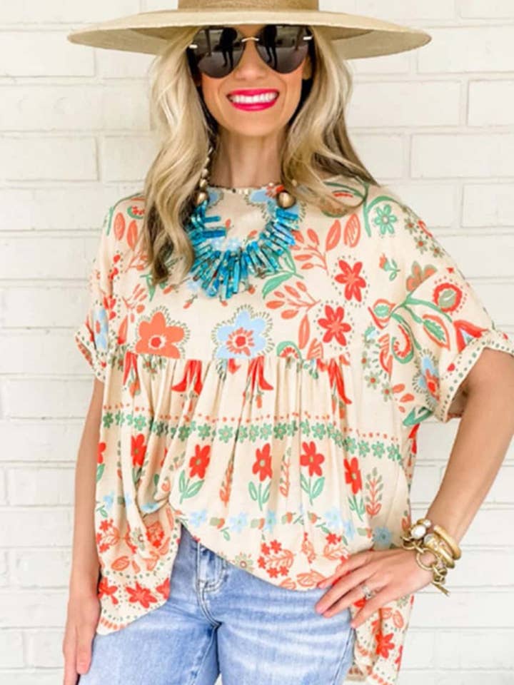 APRICOT CWTBLS1401_VINTAGE PRINTED SHORT-SLEEVED CHIFFON TOP for wholesale on Faire
