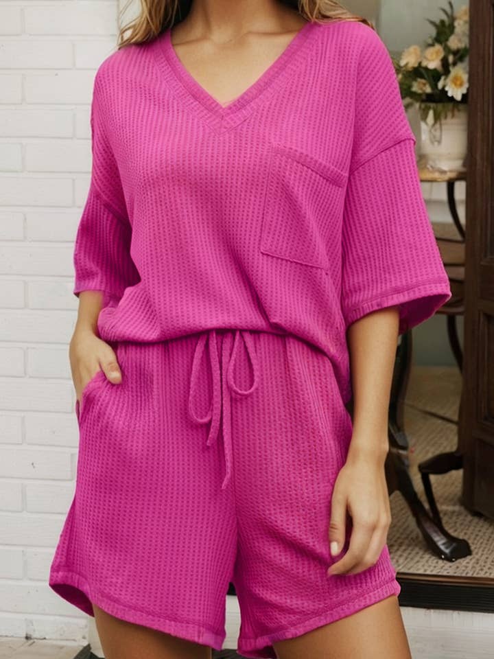 LAS Solid Color Waffled Tee Drawstring Shorts Set (S-XL) for wholesale by LA Society