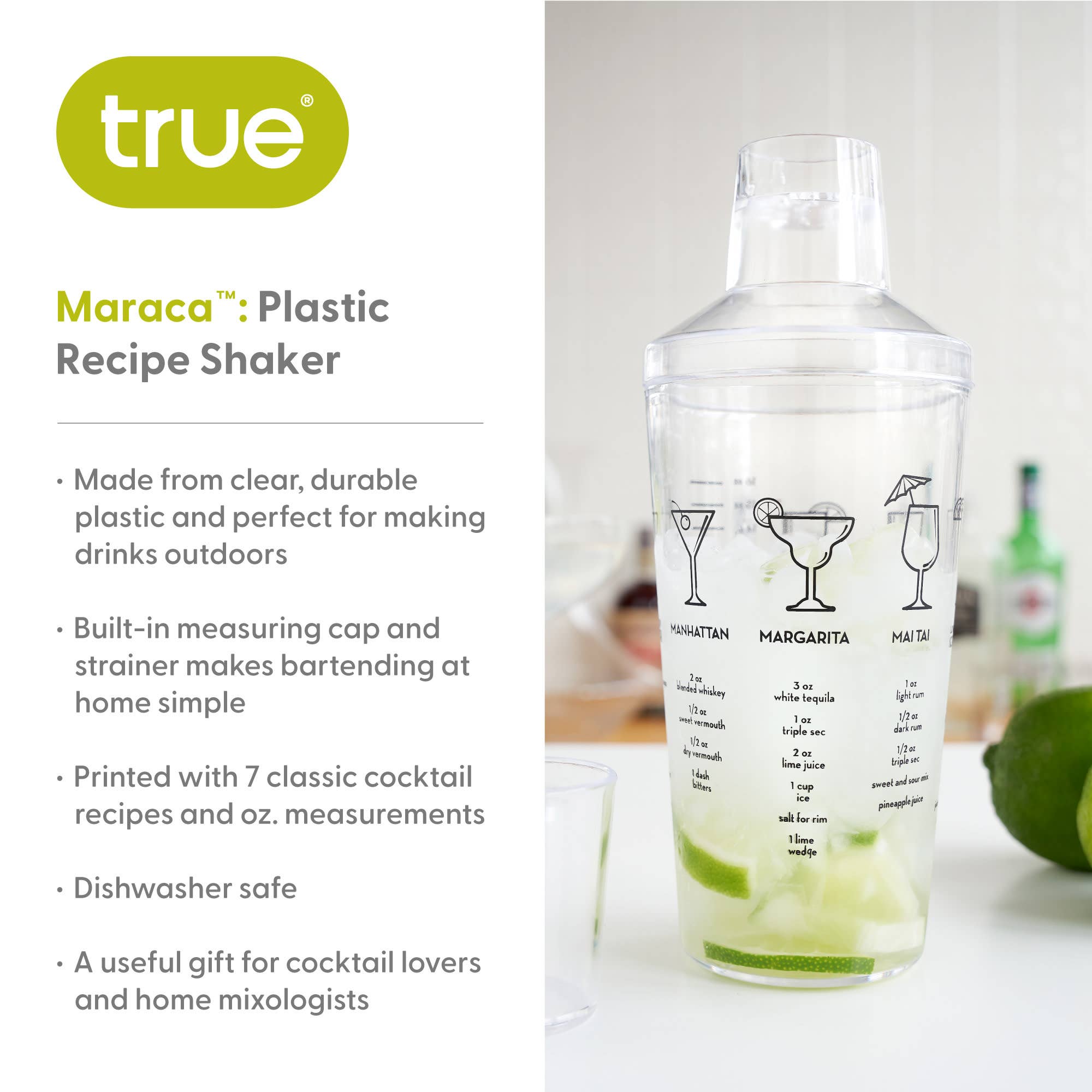 TRUE - Vente Shakers à cocktails - Maraca en plastique avec 7 recettes de cocktails imprimées 16 oz4