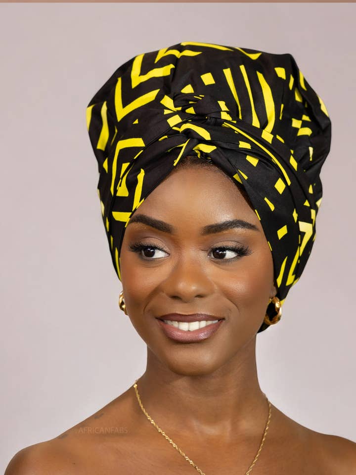 Easy headwrap - Met satijn gevoerde haarmuts - Zwart/geel voor wholesale door AfricanFabs