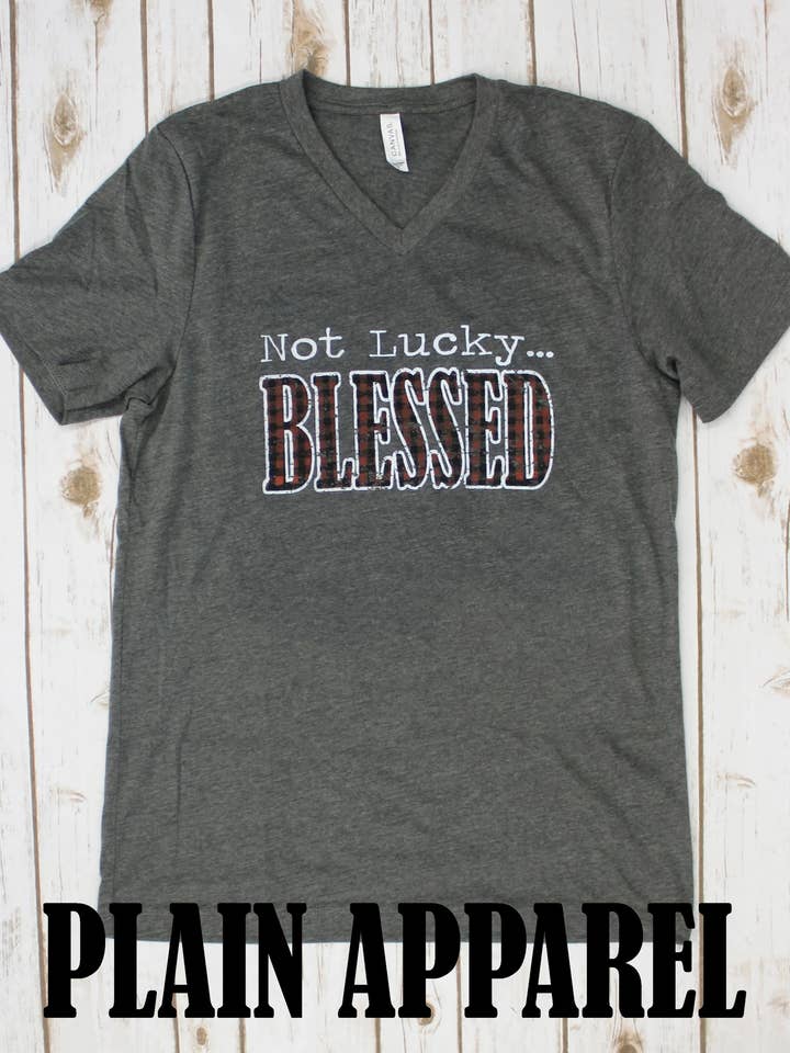 Not Lucky...Blessed V-Neck for wholesale by Plain Apparel Tees