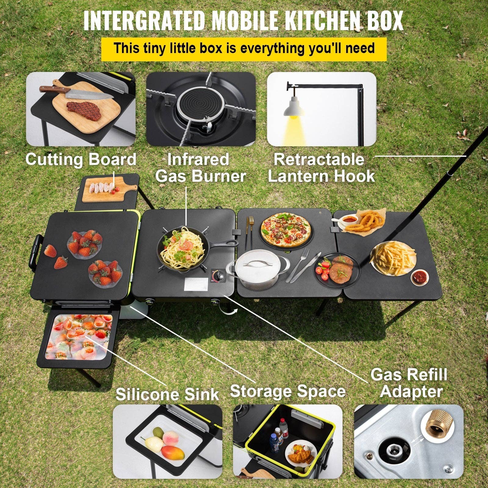 Hard Rock Health Stores - Wholesale Outdoor Grill Tools - VEVOR Outdoor Mobile Kitchen, Portable Multifunctional Camp Box with Wheels All in One Integrated Cooking Station with Windproof Stove, Folding Tables Storage Organizer, Black2