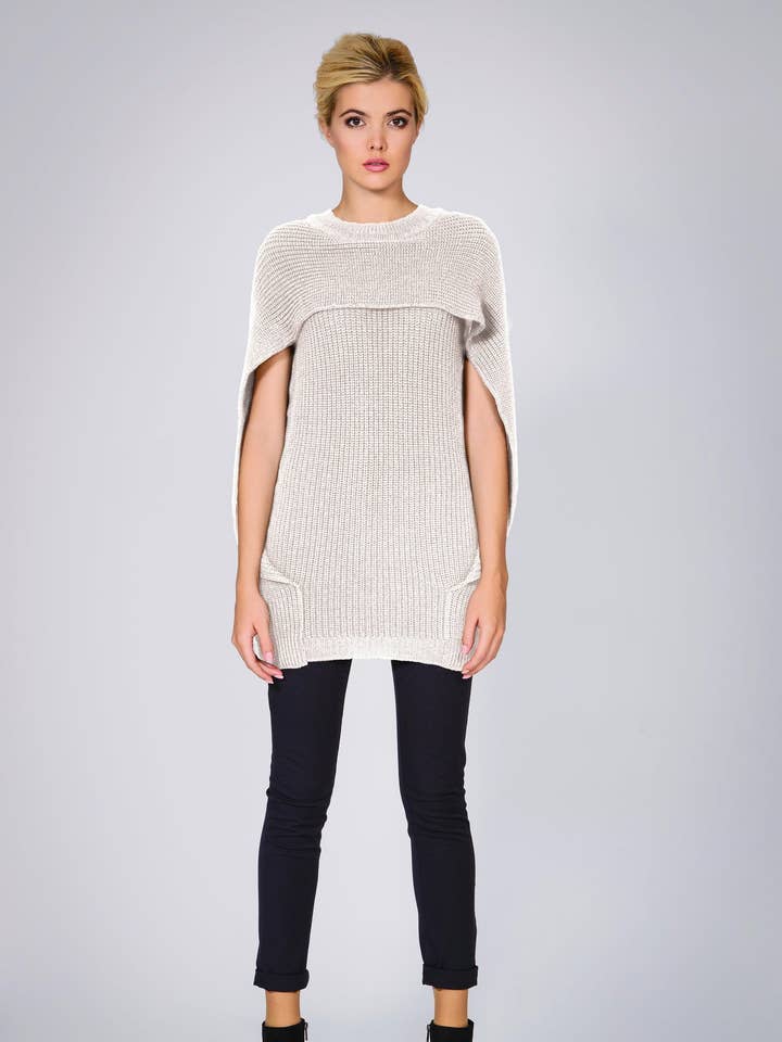 Cara Ivory cape-effect merino wool ribbed knit sweater for wholesale by RUMOUR LONDON