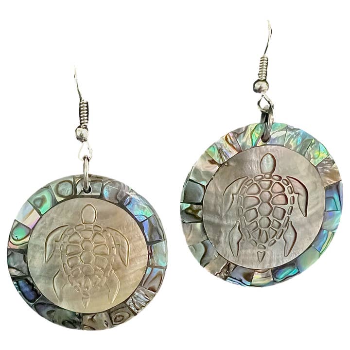 Bamboo Source Tropical Decor - Wholesale Dangle Earrings - Abalone Etched Turtle Earrings