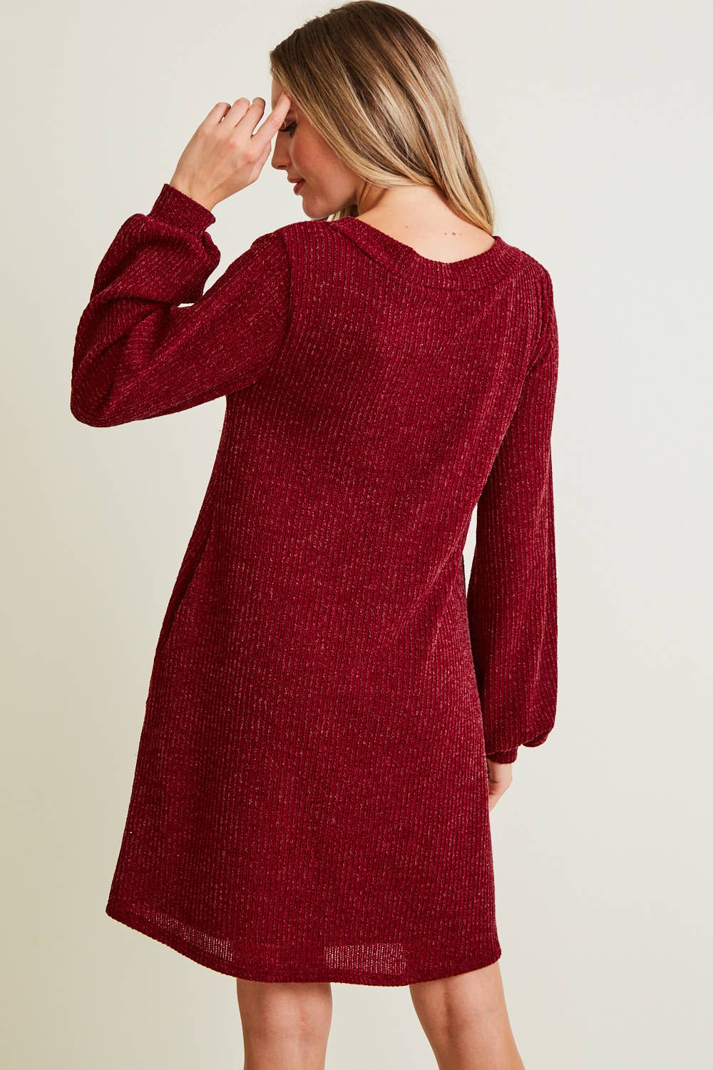 Saints & Hearts - Wholesale Dress - Women's - SD2109A WINE V-NECK RIB SWEATER DRESS - FALL TREND4
