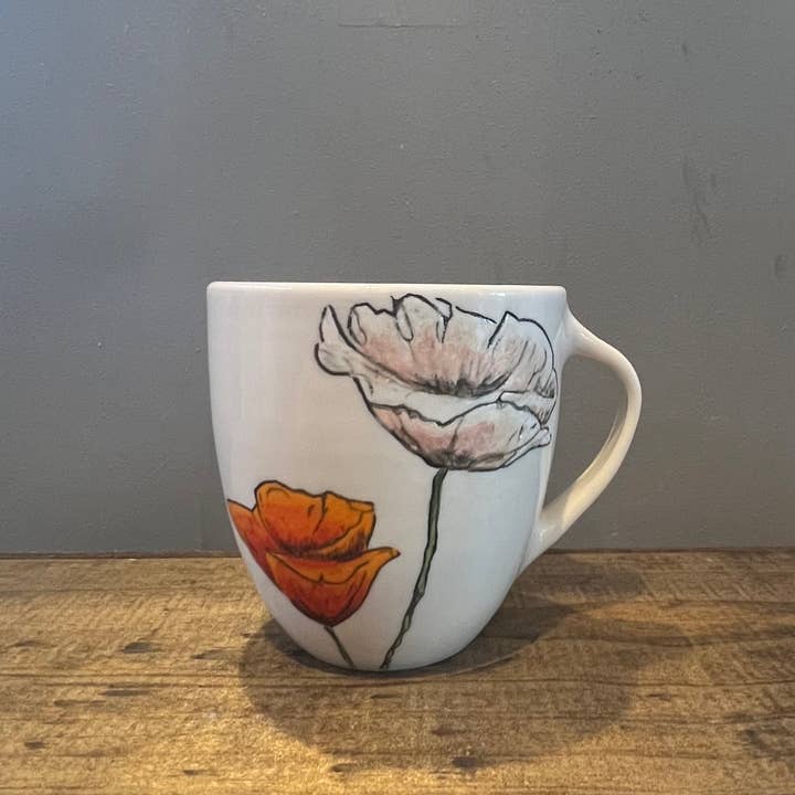 Lucy Nilan Studios - Wholesale Coffee Mug - Poppies Handmade Porcelain Coffee Mug in White3