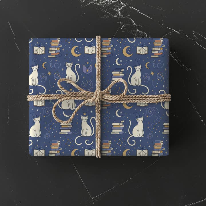 Lokipawz - Wholesale Flat Wrap - Purrfectly Bookish – Celestial Cat & Cozy Library Wrapping Paper4