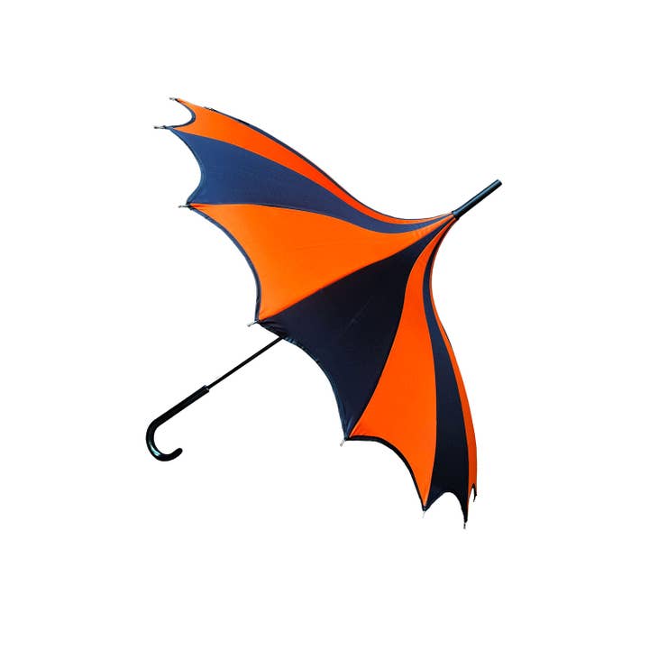 vampirefreaks – Großhandel Regenschirm – Unisex – Halloween-Regenschirm mit Batwing Pagoda, schwarz/orange gestreift1