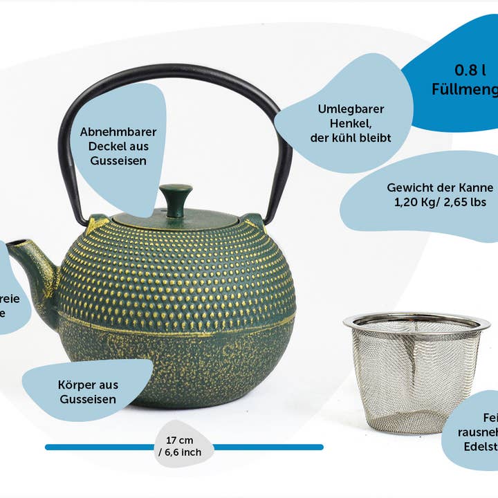 Ja-Unendlich - Wholesale Tea Pot - Grain cast iron teapot, 0.8l green gold1