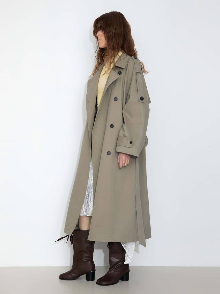 DarkSeaGreen 100% Cotton Oversized Mid-Length Raglan Sleeve Trench Coat for wholesale on Faire9