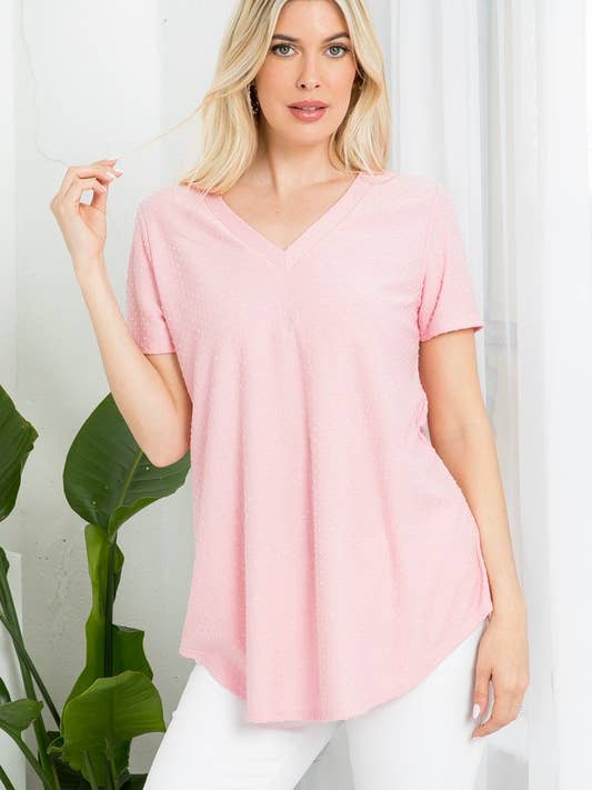 Top manica corta con scollo a V Swiss Dot per la vendita all'ingrosso da parte di Rose Mellow Fashion