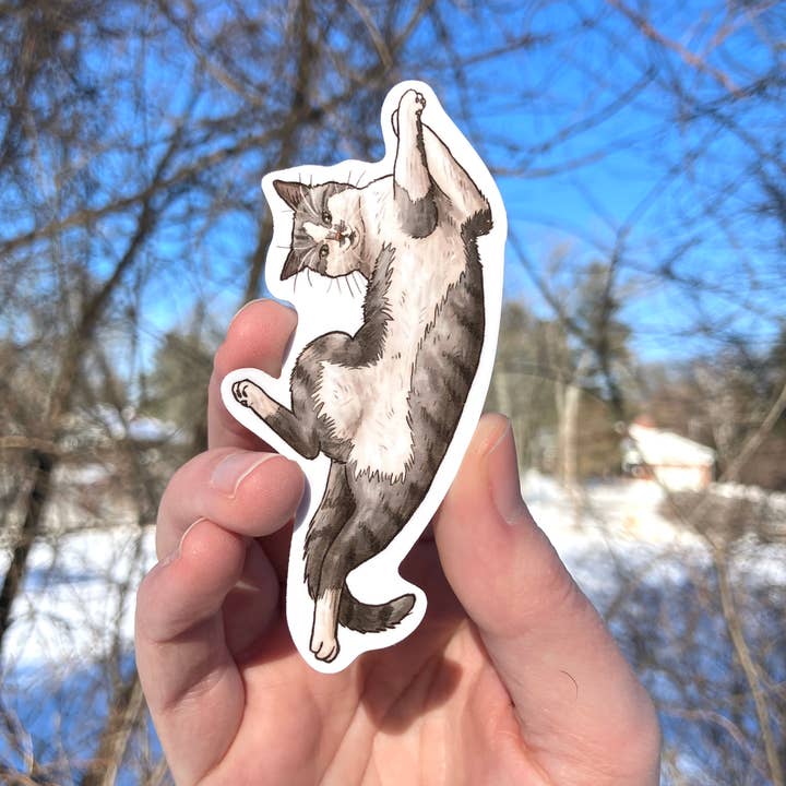 Tabby Cat with Belly Showing, Premium Vinyl Sticker for wholesale by Art Fimbel