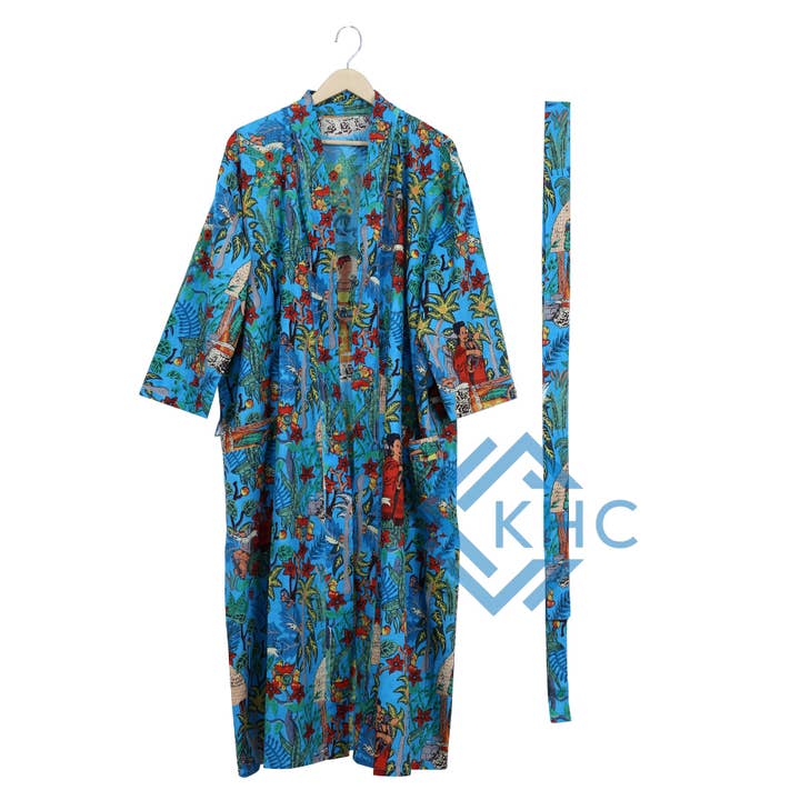 KHC – Großhandel Bademantel – Damen – 100% Baumwolle Langer Kimono Bademantel Damen Print Blau Morgenmantel2