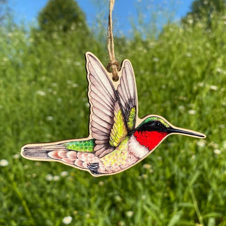 Allison Stoiser Art – wholesale Ornament – Male Ruby-Throated Hummingbird Wood Print Christmas Ornament0