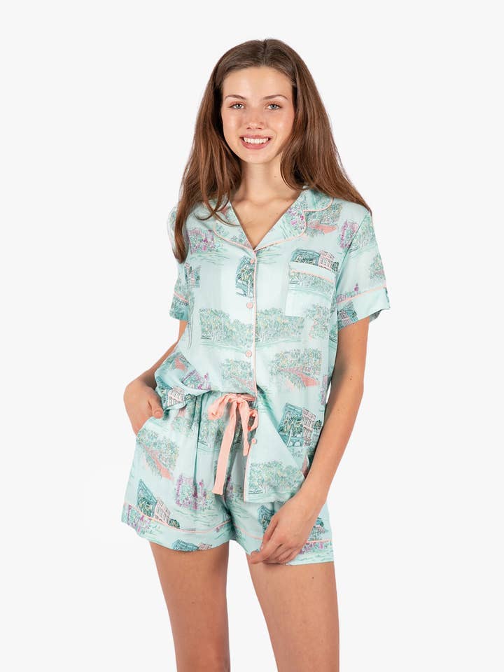 Charleston Scene Blue Button Down Short Set - Artist Print | Imbali Charleston for wholesale by Imbali Charleston
