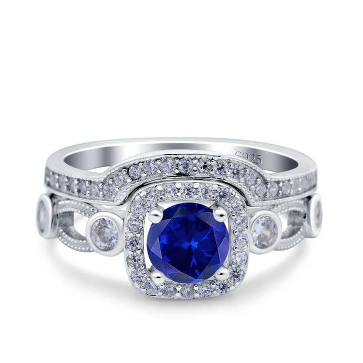 Two Piece Art Deco Wedding Ring Band Round Simulated Blue Sapphire CZ for wholesale by Blue Apple Imports