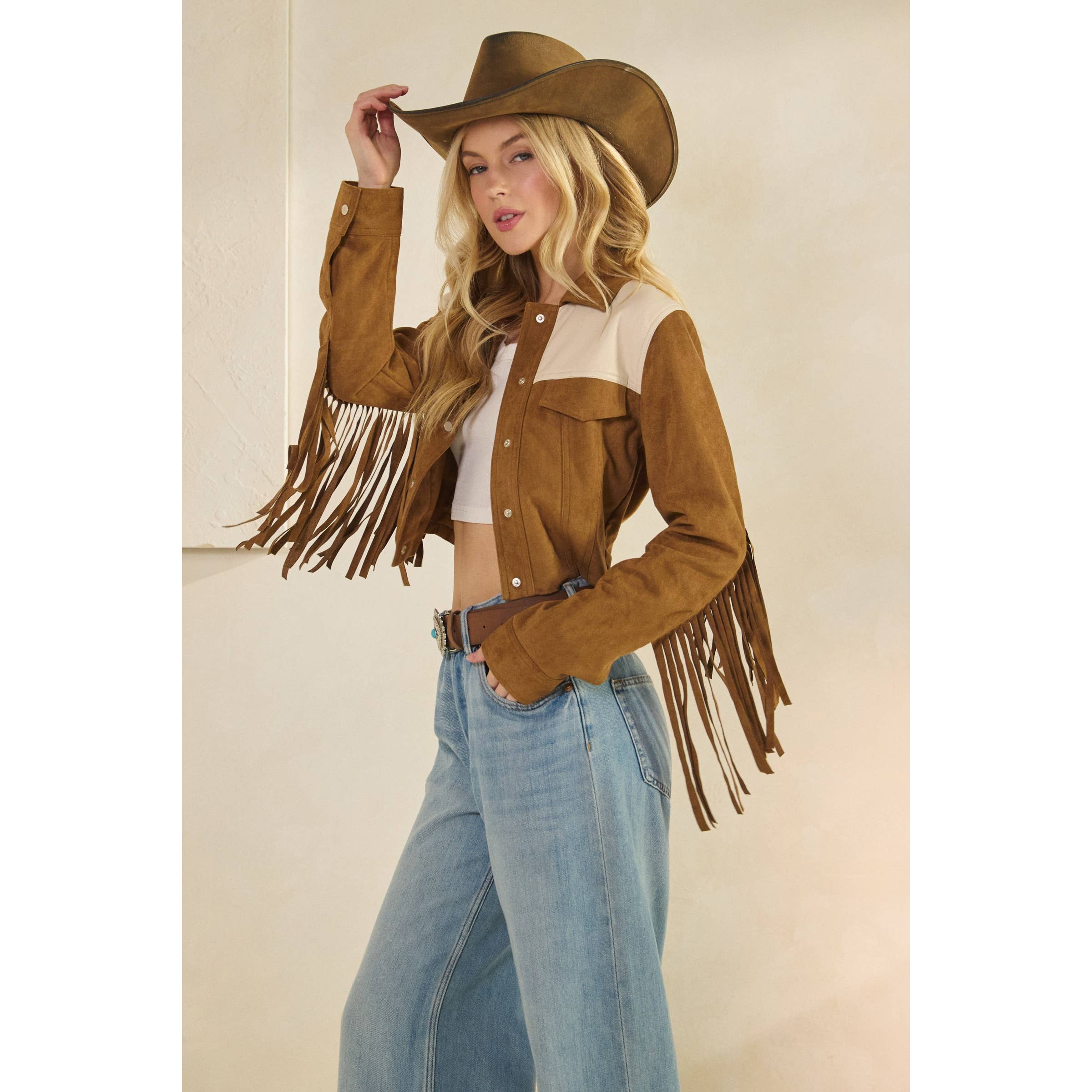 Camel Suede Jacket with Fringe Detail for wholesale on Faire16