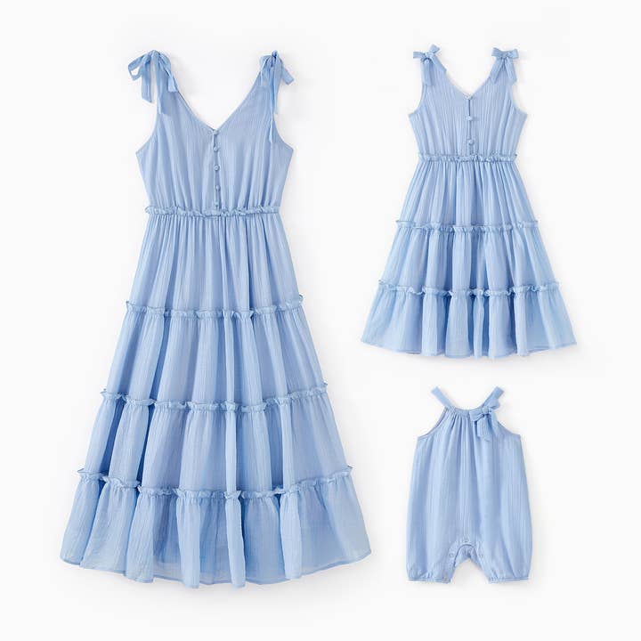 Mom & Me V Neck Button Adjustable Tiered Flutter Trim Dress for wholesale by PatPat Matching