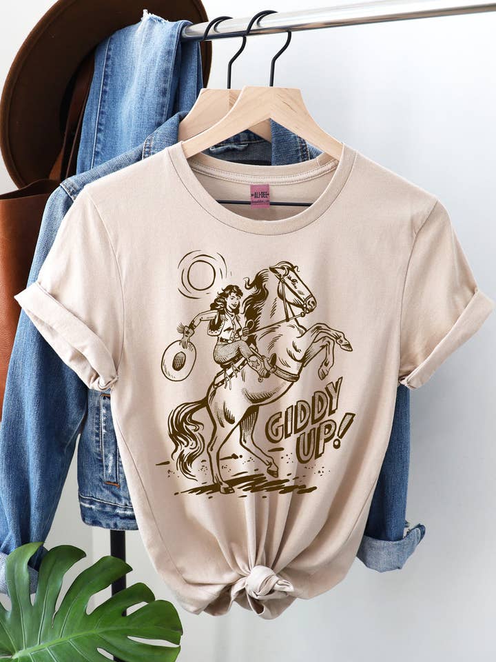 Ali Dee - Wholesale Screen Printed T-Shirt - Women's - Giddy Up Tee - Heather Sand Dune0