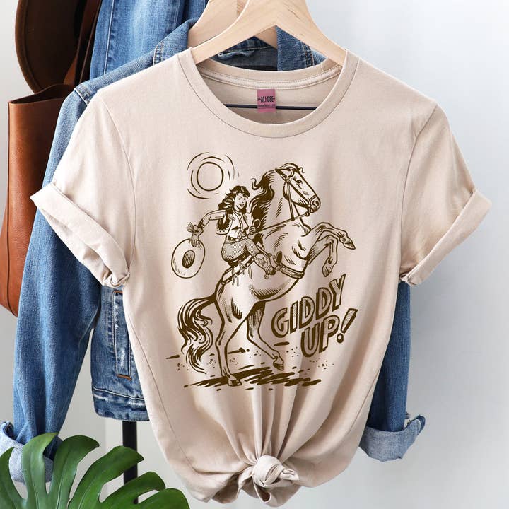 Ali Dee - Wholesale Screen Printed T-Shirt - Women's - Giddy Up Tee - Heather Sand Dune