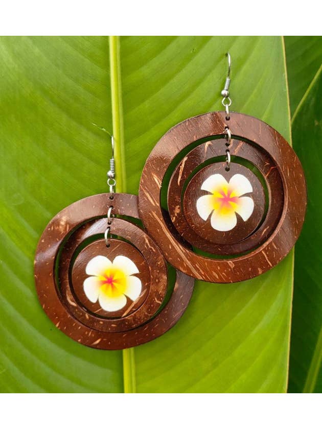 Round Coconut With Flower Earrings for wholesale by DK Hawaii
