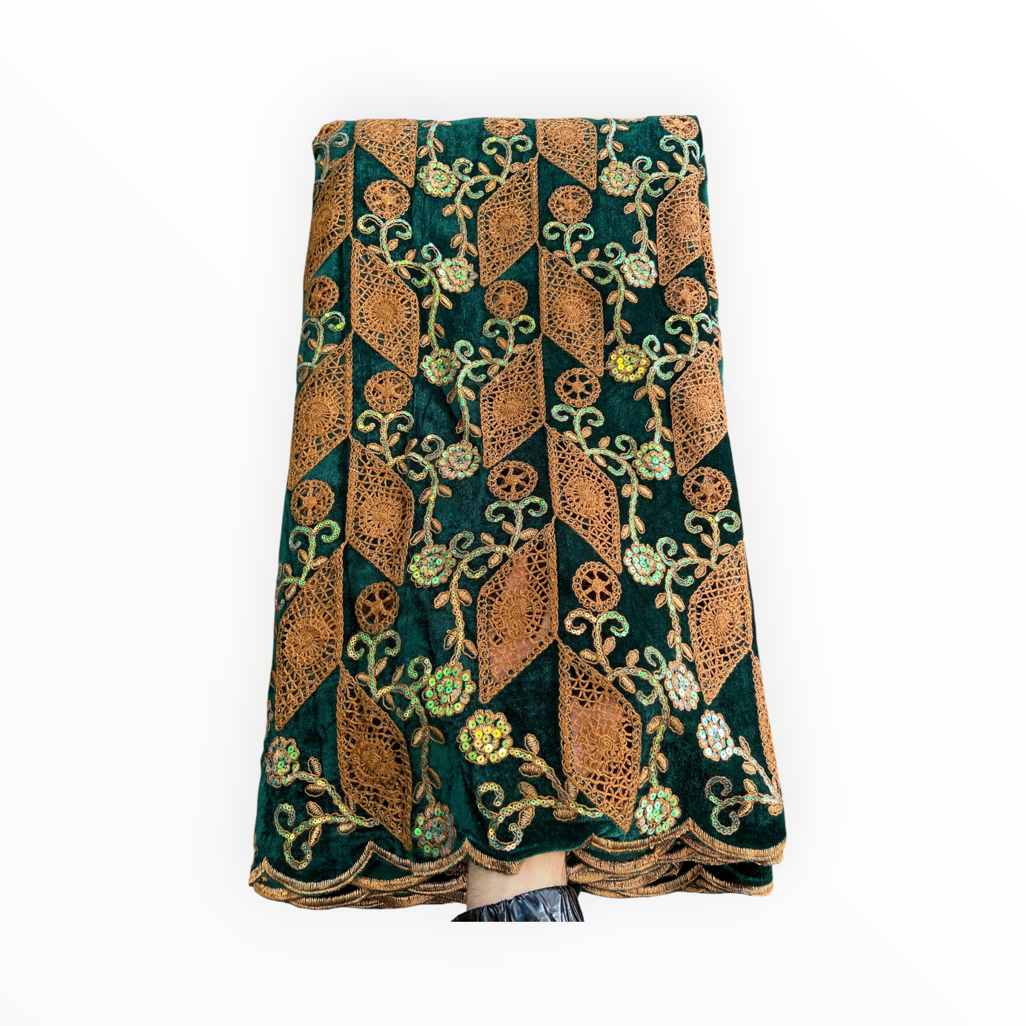 City Fabrics – wholesale Craft supplies – Luxury Velvet Lace Fabric in Green / Brown – 5 Yards Piece1