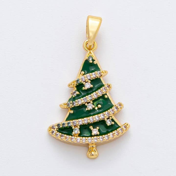 18K Gold Filled 28.5mm Micro Paved CZ Enamel Green Christmas Tree Holiday Pendant | AF1137 for wholesale by Aim Eternal