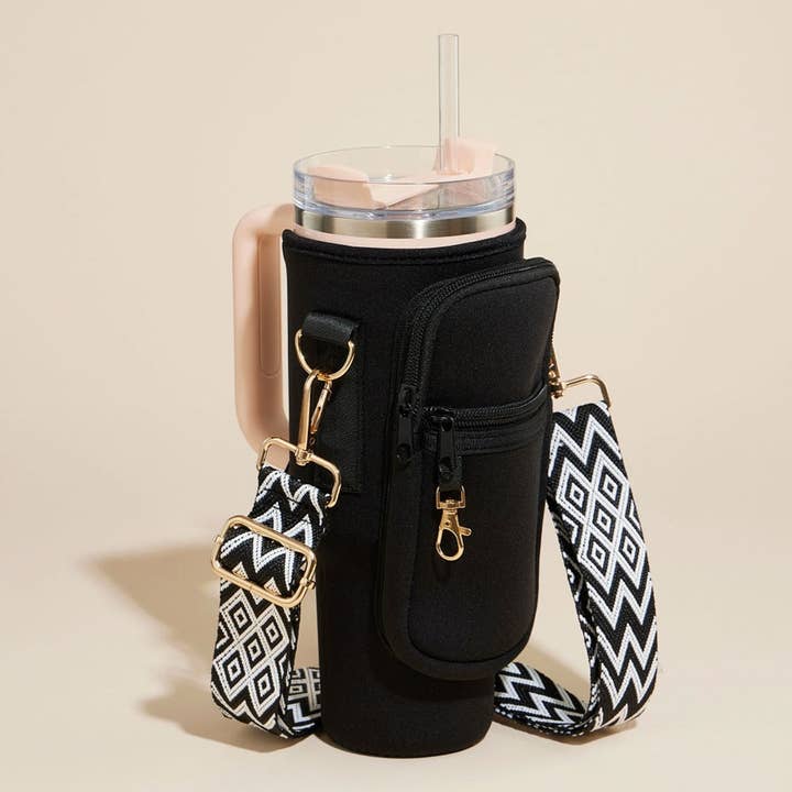 Solid Tumbler Carrier Holder Geometric Pattern Strap Crossbody Bag for wholesale by Sensibling Corp.