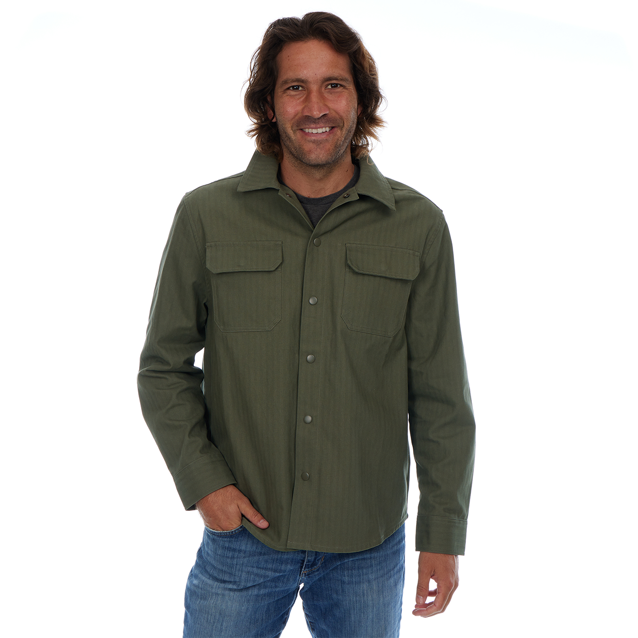 PX - Wholesale Button Down Shirt - Men's - Hassan Olive Cotton Tonal Herringbone Sna Work Shirt Shacket5