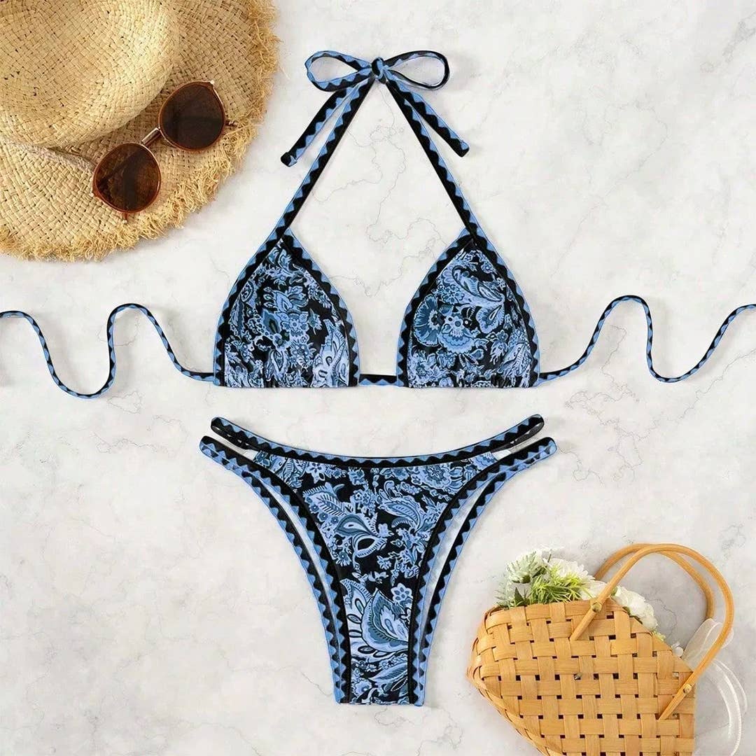 UNISHE - Wholesale Two Piece Swimsuit - Women's - Printed Halter Neck Sexy Bikini Swimsuit Set ZK30726