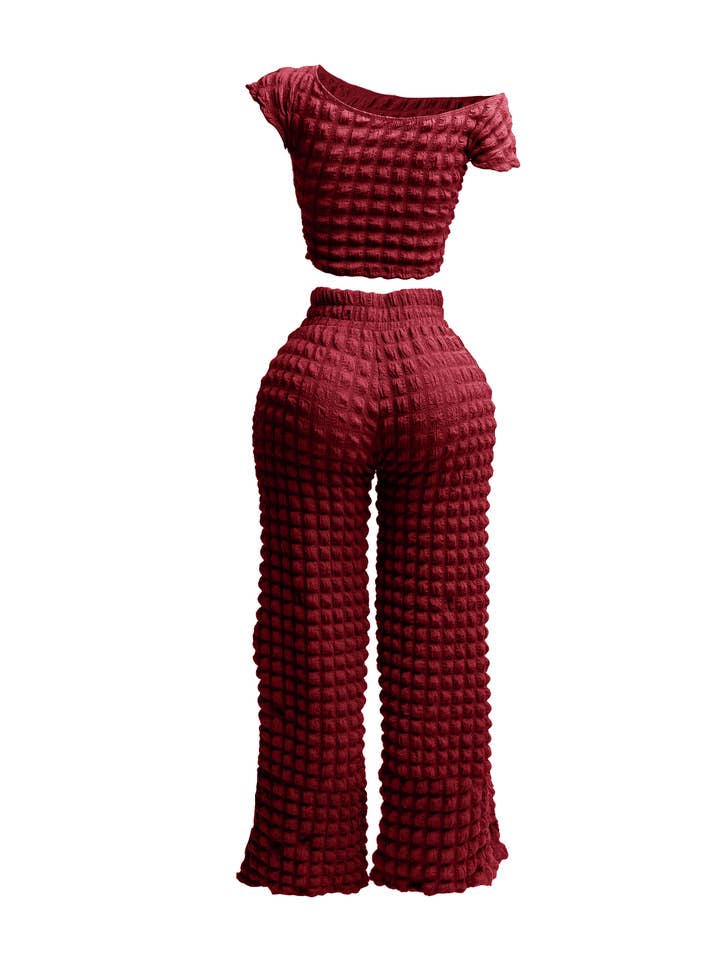K Too - Wholesale Top & Pant Set (NOT Loungewear) - Women's - Popcorn off shoulder short sleeve & pants set