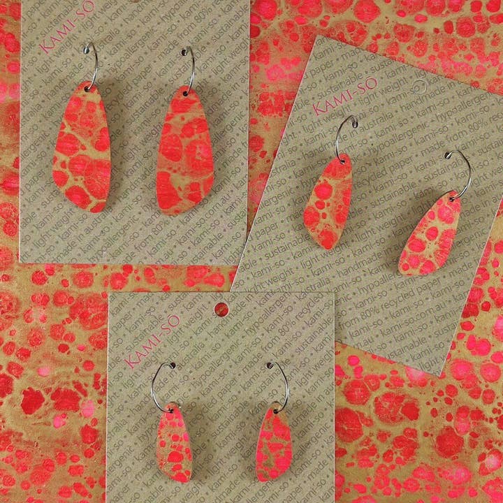 Oval Recycled Paper Earrings - Red & Gold Crackle for wholesale by Kami-so