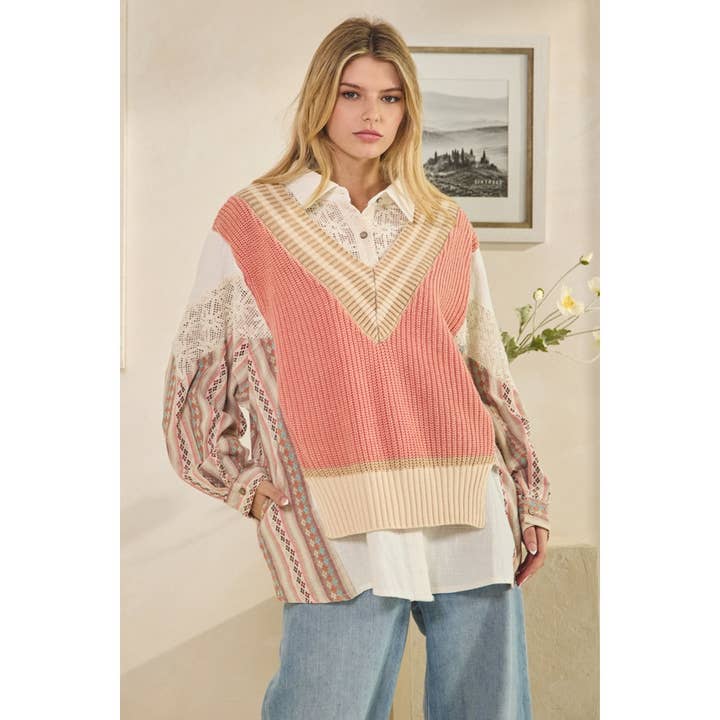 WASHED OVERSIZED BUTTON FRONT SHIRT WITH SWEATER VEST for wholesale by Oli&Hali