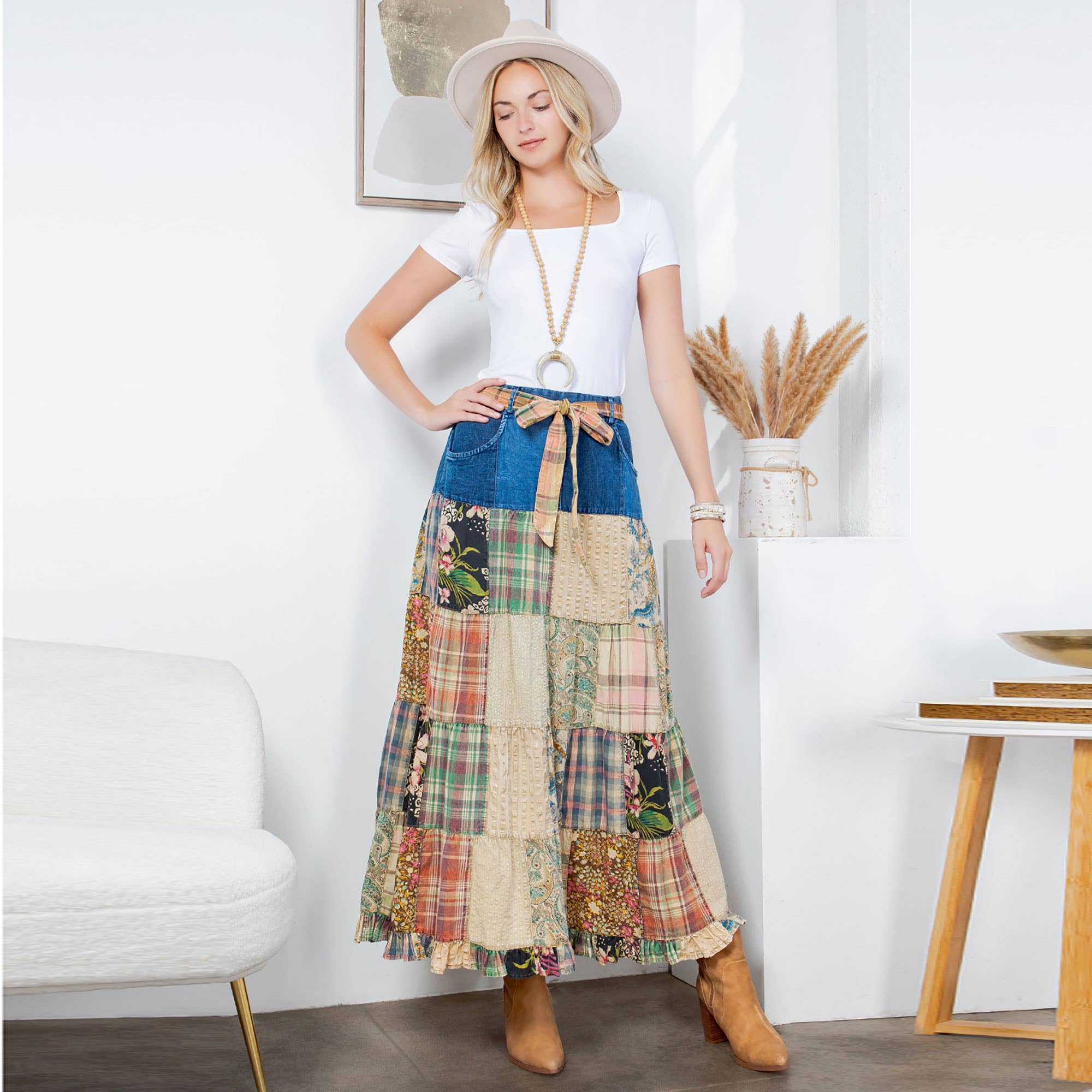 Young Threads - Wholesale Skirt - Women's - Western Boho Chic: Patchwork Belted Skirt  (New Color)18