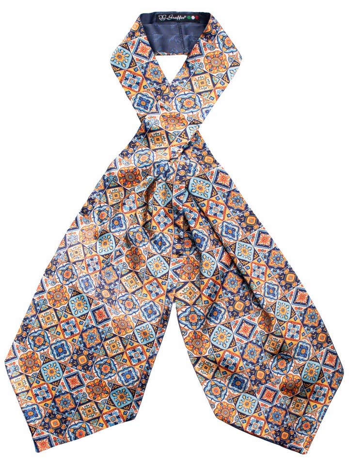 Sizilianisches Ascot aus Satin mit mehrfarbigem Majolika-Druck AS222 für den Großhandel von Graffeo Cravatte