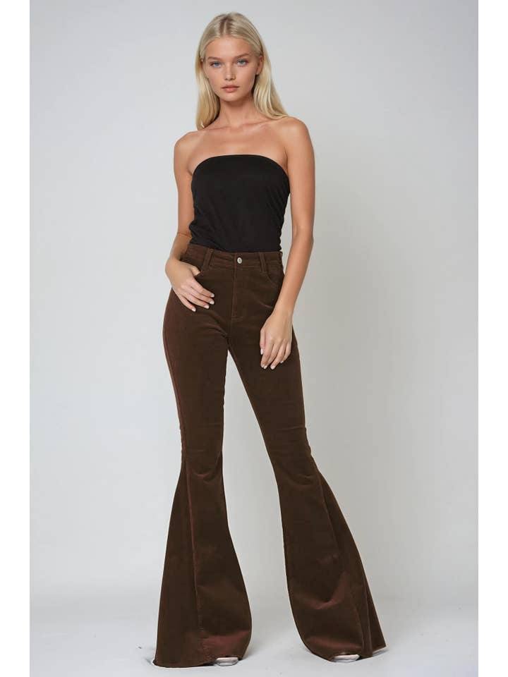 WISTERIA LANE - Wholesale Pants - Women's - BROWN CORDUROY BELLBOTTOMS PANTS WITH DISTRESSED HEM 1101PIA